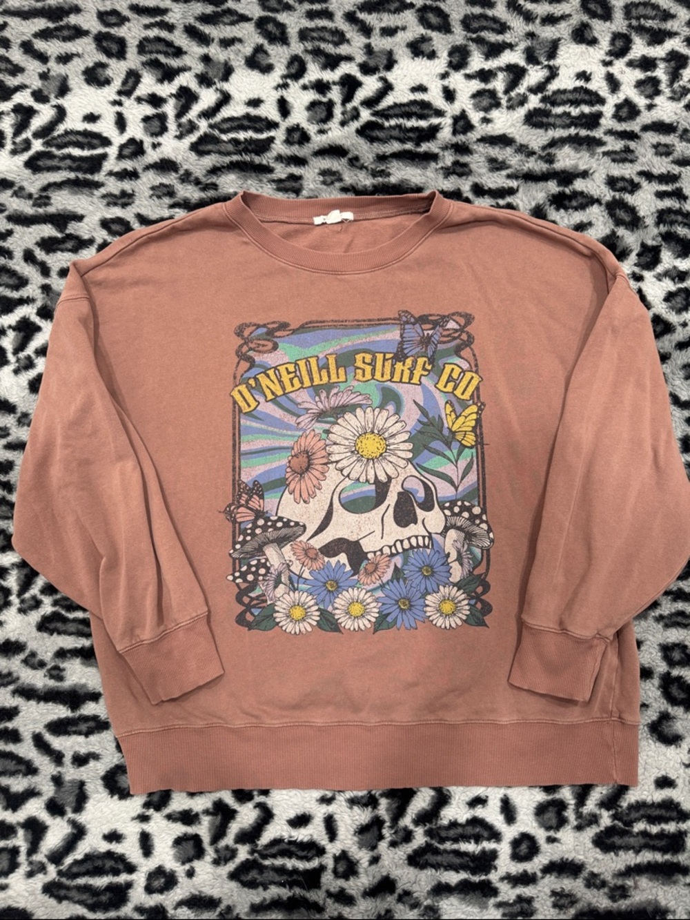 O'Neill Light Brown Crewneck with Floral Skull Graphic
